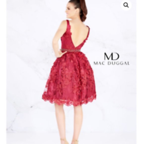 MAC DUGGAL 66756N FLORAL 3D APPLIQUE V-NECK A-LINE COCKTAIL GARNET RED DRESS 16 - Picture 2 of 6